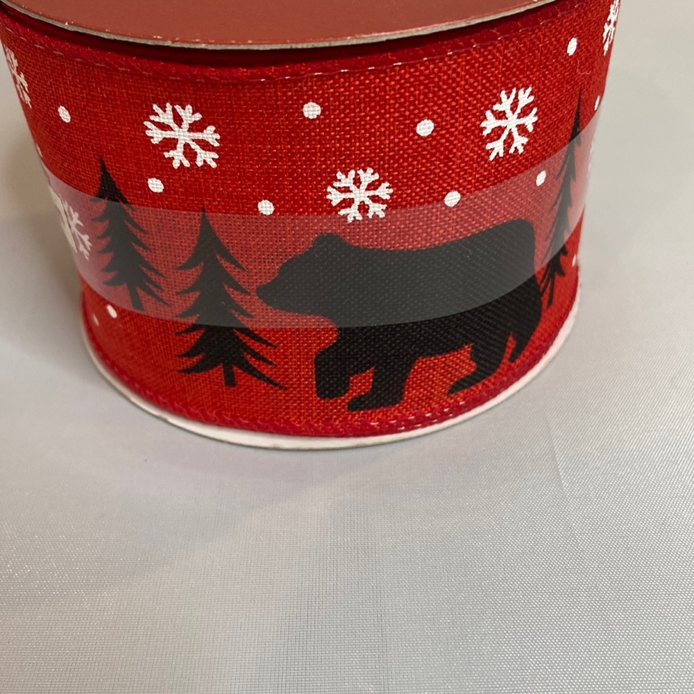 2.5 inch x 25 feet Black Bear and Snowflakes Red Wired Ribbon
